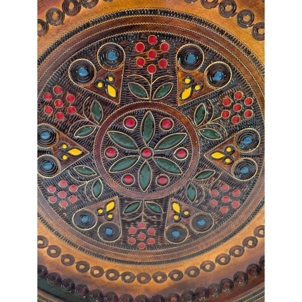 PTTK BORT Krakow Wall Platter Brown Polish Folk Art Hand Painted Carved Wood